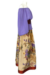 Fall 1977 Bill Blass Printed Silk Taffeta Skirt & Off Shoulder Purple Silk Top Dress Set