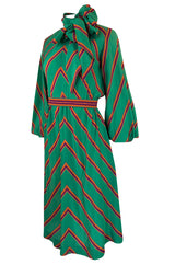 1970s Pauline Trigere Green Striped Silk Dress w Unusual Sleeves