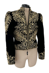 Exceptional 1980s Oscar de la Renta Black Velvet & Metallic Gold Cord Applique Jacket