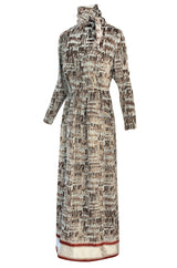 1960s Bill Blass Metallic Gold & Ivory Fused Silk Velvet Dress w Attached Neck Tie