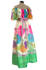 Prettiest 1970s Victoria Royal Off Shoulder Silk Gazaar Floral Print Dress w Ribbon Belt