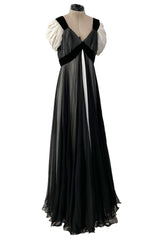 Stunning Spring 1986 Jacqueline de Ribes Black & Ivory Bias Cut Silk Chiffon Dress