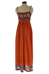 Numbered 1970s Lanvin Couture Fine & Light Silk Crepe Chiffon Printed Orange Sun Dress