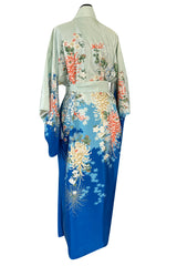 Prettiest 1970s Blue Floral Print Kimono Reversible to an Ivory & Coral Print