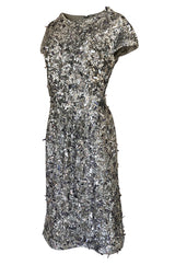 1980s Bill Blass Densely Covered Silver Sequin & Pailettes Dress