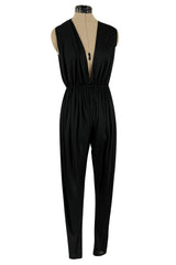Iconic 1970s Halston Jersey Side & Front Plunging Black Jersey Jumpsuit