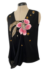 Beautiful Upcycled Vintage Black Silk Chiffon Top w Hand Applied 1920s Flower Detailing
