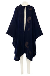 1970s Christian Dior Deep Blue Knit Poncho Cape w Leather Appliqué Work