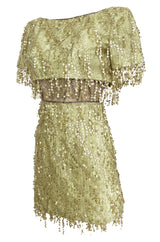 1991 Bob Mackie Gold Sequin Dangle Thread on Metallic Lace Mini Dress