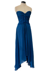 Spring 1990 Oscar De La Renta Deep Sapphire Blue Silk Chiffon Strapless Dress