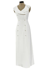 Chic Cruise 1997 Chanel by Karl Lagerfeld White Dress w Large Collar & Logo Buttons