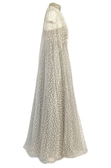 1970s Unlabeled Alfred Bosand Sequin Bodice Dotted Silk Net Dress W Matching Cape Overlay