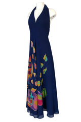 c.1972 Unlabeled Karl Lagerfeld Chloe Hand Painted Halter Dress & Scarf