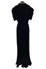 Stunning 1930s Black Silk Velvet Bias Cut Dress w Top Stitched Sleeves & Silver Glitter Buttons