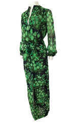 Spring 1972 Pauline Trigere Cotton Silk Voile Green Tulip Print Skirt & Top Set