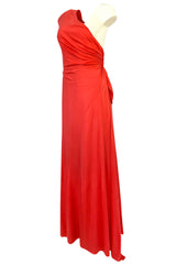 Documented 1973 Mollie Parnis One Shoulder Dipped Back Coral Jersey Dress