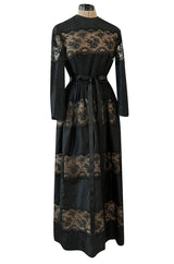 Gorgeous 1970s Larry Aldrich Black Silk Tafetta Dress w Illusion Nude Lace Panels