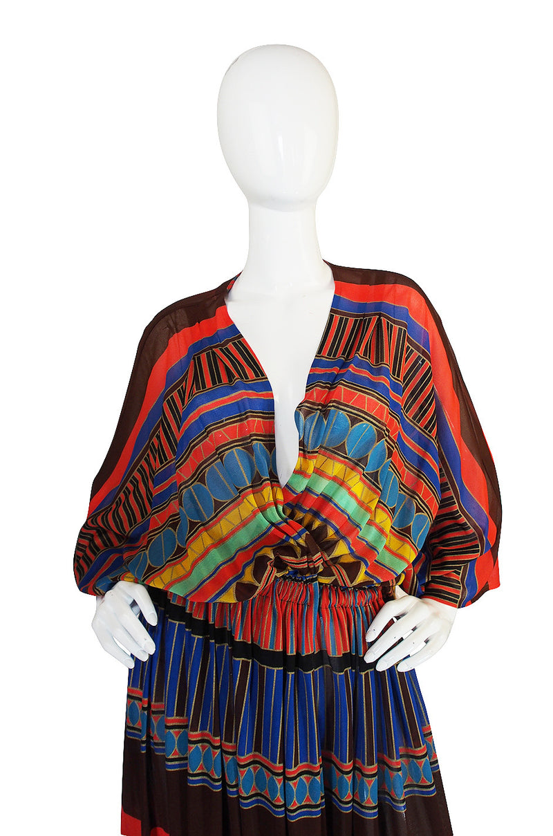 1970s Gottex Plunging Striped Wrap Caftan Dress
