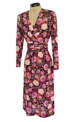 Pristine 1970s Jean-Louis Scherrer Haute Couture Pink Floral Print Silk Dress w Banded Waist