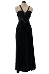 Incredible Spring 2003 Valentino Runway Black Silk Chiffon Dress w Black Beaded Detailing