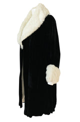 Wonderful 1920s Unlabeled Black Velvet Coat w Ermine Collar & Cuffs