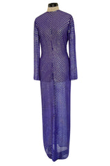 Incredible Late 1970s Halston Purple Transparent Silk Chiffon Dress w Iridescent Sequins