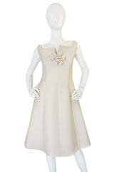 Feminine 1960s Sculptural Cream Silk Teal Traina Dress