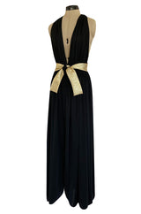 Documented 1981 Bill Tice Plunge Front Black & Gold Backless Nylon Jersey Halter Dress