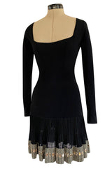 Early 1990s Azzedine Alaia Black Knit Couture Dress w Beaded Hem & Hand Placed Mirrors