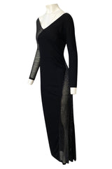 Fall 1997 Halston Black Bias Cut Jersey Dress w Transparent Beaded Net Panel