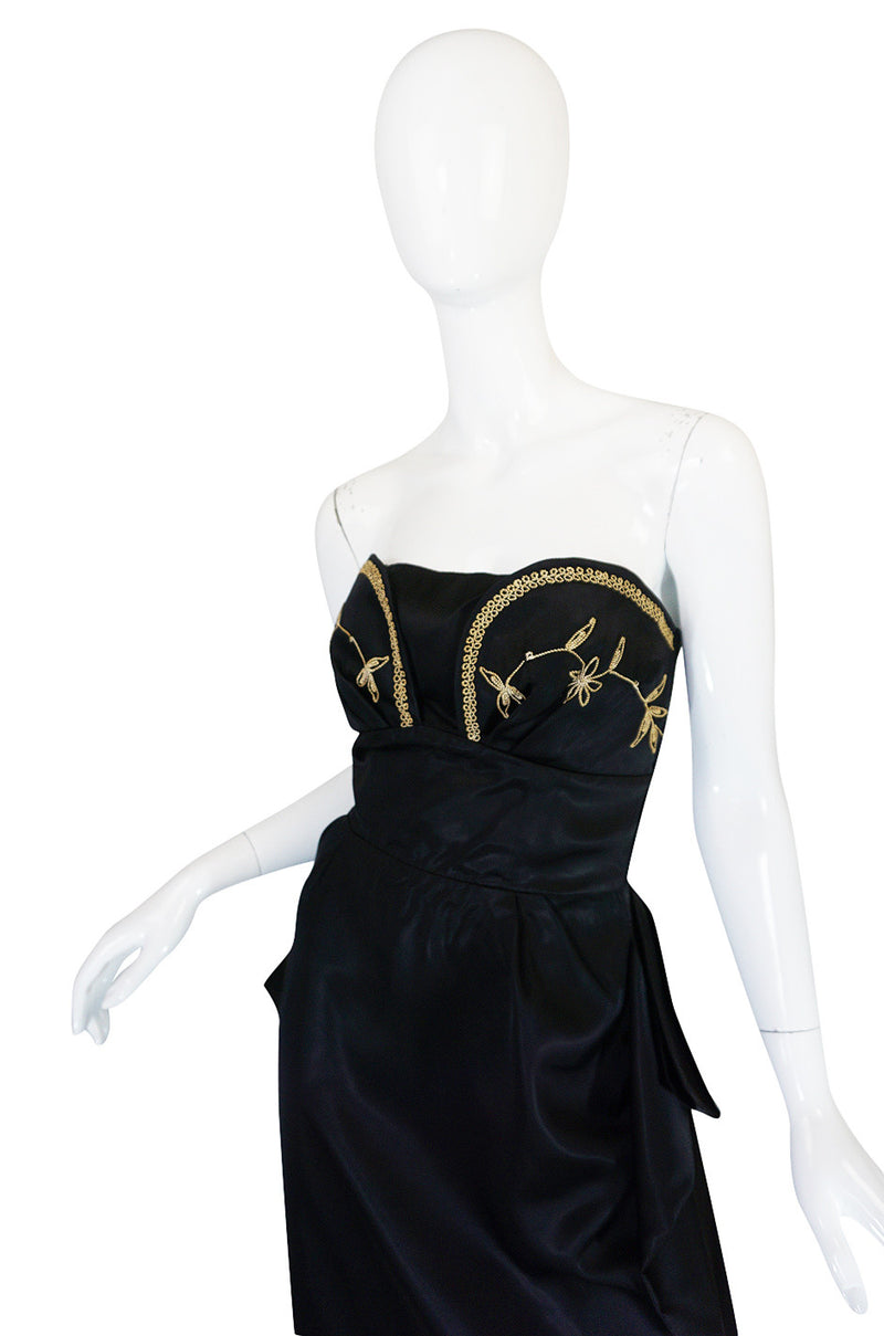 1950s Embroidered Strapless Slipper Satin Dress