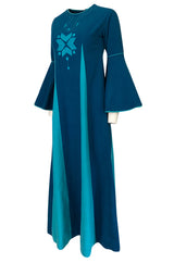 1960s Josefa Hand Embroidered Ocean Blue & Turquoise Bell Sleeve Caftan