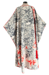 1970s Jean Varon Floral Printed Pale Blue Grey & Red Caftan w Red Piping & Long Tassel Details