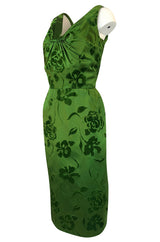 c.1955 Jean Desses Green Silk Dress w Fused Velvet Detailing