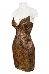 Documented Fall 1997 Thierry Mugler Gold Bronze Brocade Strapless Dress w Formed Pointed Cups