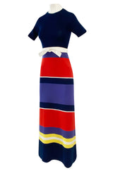 c.1972 Lanvin Bright Navy, Cornflower, Yellow, Red & White Stripe Knit Dress W Belt
