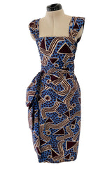 Resort 1983 Yves Saint Laurent Blue Printed Cotton Hip Swag Sarong Dress