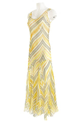 1990s Christian Dior by John Galliano Chevron Stripe Yellow Bias Cut Silk Chiffon Dress
