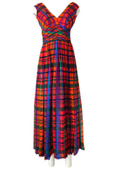 1970s Mollie Parnis Boutique Plaid Coral Blue & Green Print Chiffon Dress