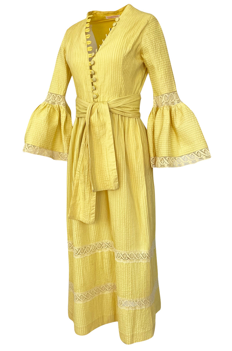 1960s Yellow Mexican Pin Tuck Dress w Extraordinary Bell Sleeve Detail