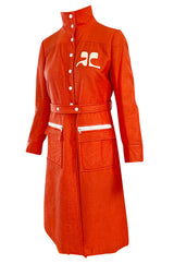 Iconic 1960s Andres Courreges Vivid Orange & White Vinyl Coat or Dress w Original Belt