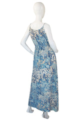 1970s Oscar De La Renta Blue Silk Print Dress