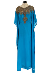 Vintage Unlabelled Beaded Chiffon Deep Turquoise Blue Caftan Dress w Inner Lining