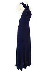 Important 1977 Halston Couture Navy Multi-Way Silk Jersey Plunge Dress w Extra Long Ties