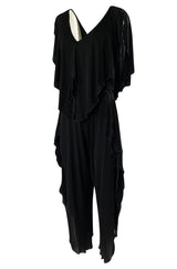 1970s Holly's Harp Black Jersey Ruffled Edge Pant & V Front Top Set