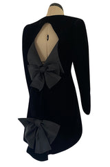 Exceptional 1980s Ady Couture Lausanne Black Velvet Dress w Open Back & Bows