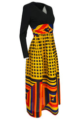 1970s Unlabeled Bright Graphic Printed Yellow & Red Full Skirted Dress
