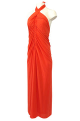 1970s Frank Usher Gathered Halter Backless Coral Jersey Dress