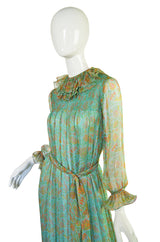 1970s Green Printed Ruffled Silk Chiffon Treacy Lowe Dress