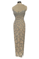 Exquisite 1985 John Anthony Nude Silk Chiffon & Net Dress w Silver Chain Rhinestones and Beads